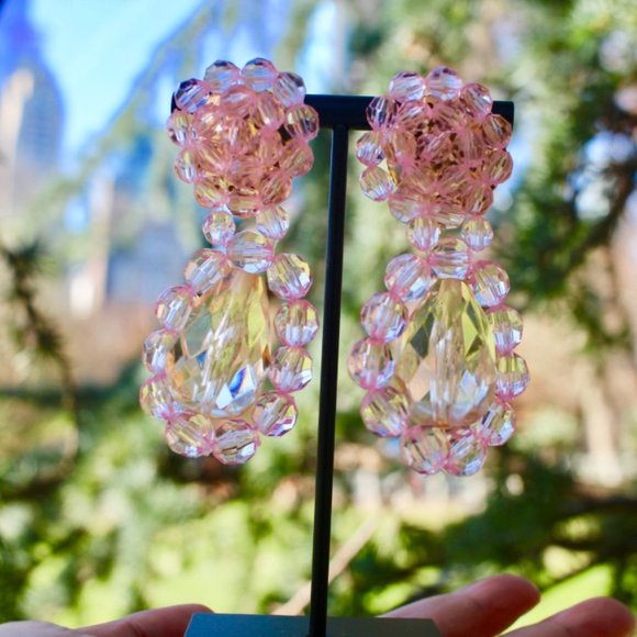 New Clear Crystal Acrylic Dangle Drop Earrings Pink Big Dangle Fresh Spring - Picture 5 of 13